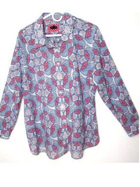 Talbots Plus Size 2X Top Womens Blue Pink Boho Geo Button Up Shirt Long Sleeve